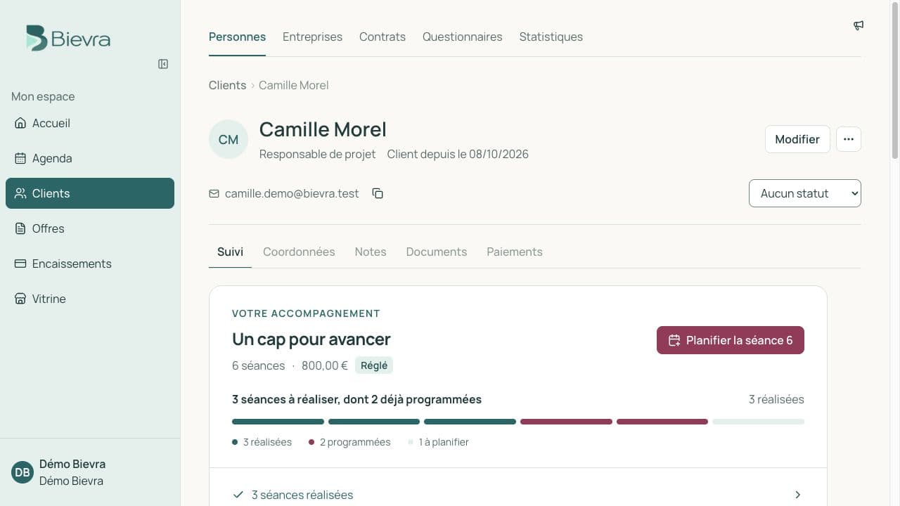 Fiche client Bievra avec les coordonnées et les rendez-vous du compte de démonstration.